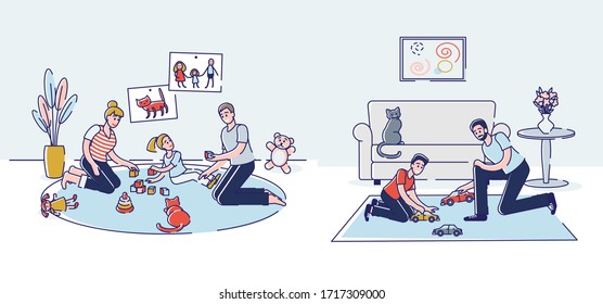 Concept Of Parents Leisure With Children At Home. Male And Female Characters Play Toys With Children Sit On The Floor In Living Room Or Playroom. Cartoon Linear Outline Flat Style Vector Illustration