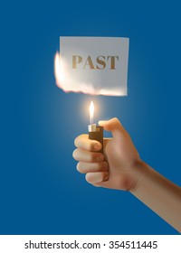 Concept Parting with the past. Vector hand with the lighter ignites paper.
