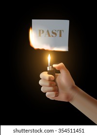 Concept Parting with the past. Vector hand with the lighter ignites paper.