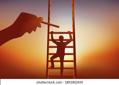 Concept of a partner helping to develop a business with a man climbing a ladder and a hand symbolically adding a rung to him.