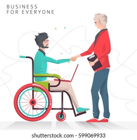 Concept of partnership between disabled person working with notebook and businessman. Business for everyone. Vector flat illustration