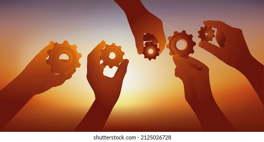 Concept of partnership and collaboration with hands showing gears symbol of teamwork.