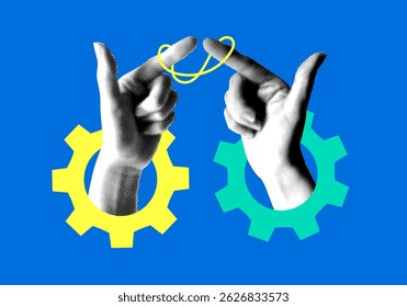 Conceito de parceria, cooperação, colaboração, confiança. Mãos amarradas com fio. Mãos e engrenagens de meio-tom. Faça um acordo. Contrato bem-sucedido. Fusão de empresas. Trabalho em equipe. Colagem moderna