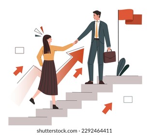 Concept of partnership. Man helps woman up stairs to flag. Motivation, teamwork and collaboration. Employees working on common project.