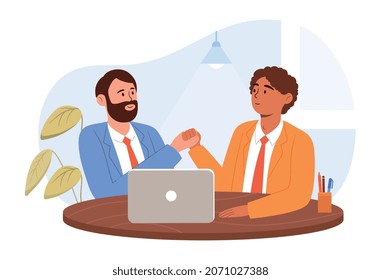 Concept of partnership. Men conclude contract, deal. Businessmen agreed on cooperation between companies. Business meeting, entrepreneur. Characters shake hand. Cartoon flat vector illustration