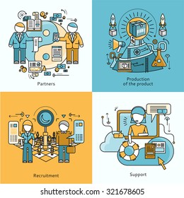 Concept Of Partnership Recruitment And Production Support. People On Work Flow Process, Organization Job, Strategy And Team Professional, Growth And Management Illustration