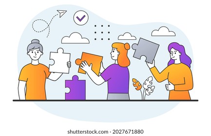 Concept of partnership and teamwork. Employees of company connect pieces of puzzle. Metaphor of cooperation and collaboration. Cartoon doodle flat vector illustration isolated on white background