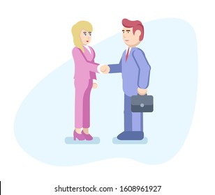 Concept of partnership. Two people shaking hands. Woman and man business handshake. Vector illustration in flat style.