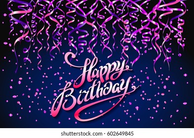 concept party on dark blue background top view happy birthday pink purple confetti vector - modern flat design style art