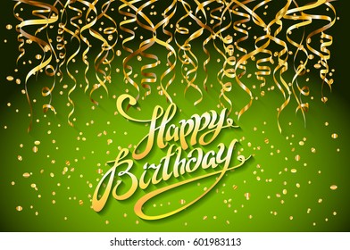 concept party on green background top view happy birthday gold confetti vector - modern flat design style art