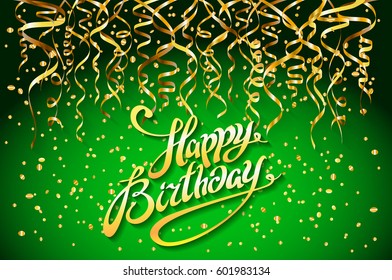 concept party on green background top view happy birthday gold confetti vector - modern flat design style art