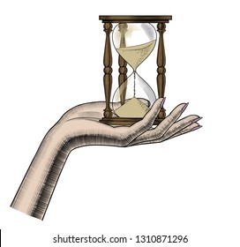 Concept Of Passing Time. Female Hand With A Retro Hourglass. Vintage Engraving Stylized Drawing. Vector Illustration