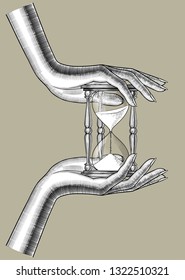Concept of passing time. Female hand with a retro hourglass. Vintage engraving stylized drawing. Vector Illustration
