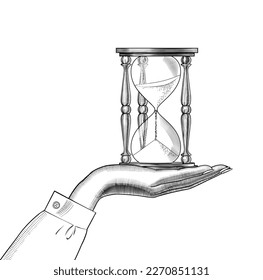 Concept passing time  Female hand and retro hourglass  Vintage engraving stylized drawing  Vector illustration