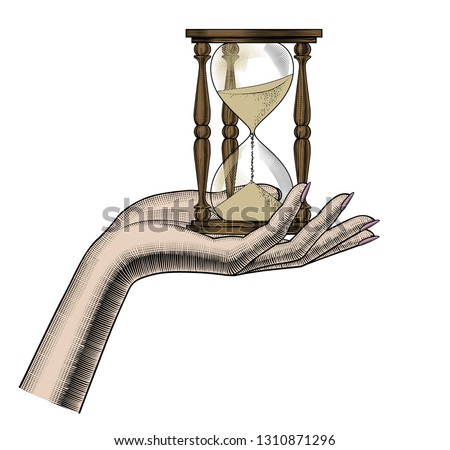 Concept of passing time. Female hand with a retro hourglass. Vintage engraving stylized drawing. Vector Illustration