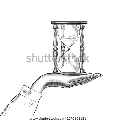 Concept of passing time. Female hand with a retro hourglass. Vintage engraving stylized drawing. Vector illustration