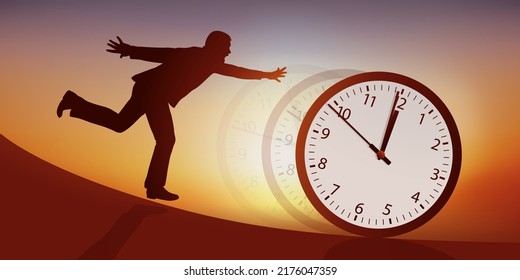 Concepto de tiempo de paso, con un hombre tratando de retener el tiempo, simbolizado por un reloj que desliza una pendiente.