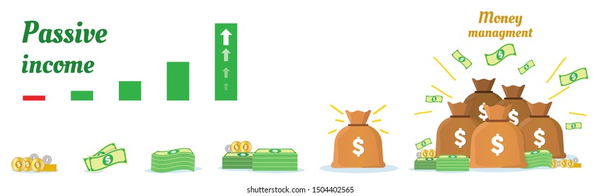 Concept for passive or active income visualised with growth bars to the way to success. Treasure sack of gold in on top. Flat cartoon design. Steps infographic for making money.