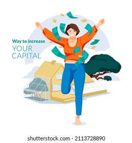 The concept of passive income. Way to increase capital. Happy young woman under money rain. Cottage in the background. Income growth concept. Flat vector illustration.