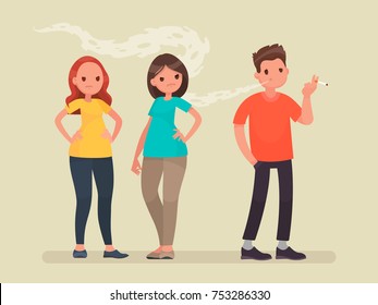 Concept of passive smoking. Discontent non-smoking people. Vector illustration in a flat style