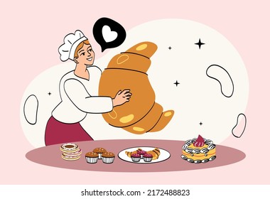 Concept of pastries of sweets and cupcakes. Young girl baker holding huge croissant in his hands. Character prepares delicious cookies and cake. Unhealthy diet. Cartoon flat vector illustration.