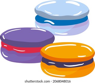 Concept pastry french foodstuff, macaroon food confectionery product, cookie icon cartoon vector illustration, isolated on white.