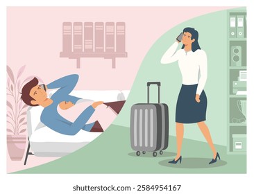 Concept of paternity leave is not maternity leave. Young man on the phone with his wife working in the office. Happy father holding newborn baby at home. Flat vector modern illustration