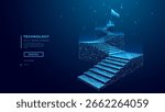 Concept of the path to success. Digital stairs with abstract podiums and staircase set on technology blue background. A businessman holding a flag on the last step. Low poly vector illustration.