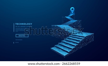 Concept of the path to success. Digital stairs with abstract podiums and staircase set on technology blue background. Abstract location pin. Tech low poly wireframe vector illustration.