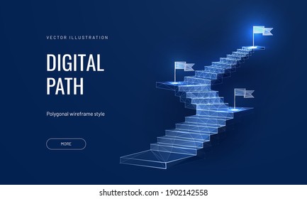 The concept of the path to success on a blue background. Staircase up in a futuristic polygonal style. Digital path abstract vector illustration