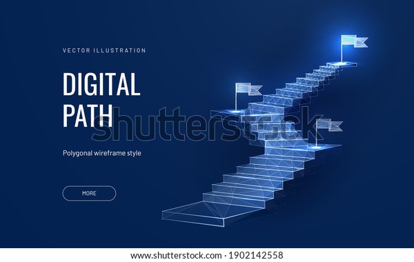 The concept of the path to success on a blue\
background. Staircase up in a futuristic polygonal style. Digital\
path abstract vector\
illustration
