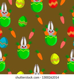 The concept of the pattern template on the background for packaging textiles bright illustration with Easter hare Morva eggs eggshell. Vector illustration. Vector graphics