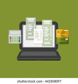 Concept of pay bill tax check online account via computer or laptop. Online payment. Laptop with check invoice on the screen. Bank card transfer. Credit bank cards with calculator. Vector