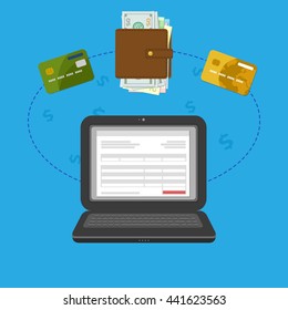 Concept of pay bill tax online account via computer or laptop. Online payment. Laptop with check invoice on the screen. Cash or bank card transfer. Purse with money and credit bank cards. Vector