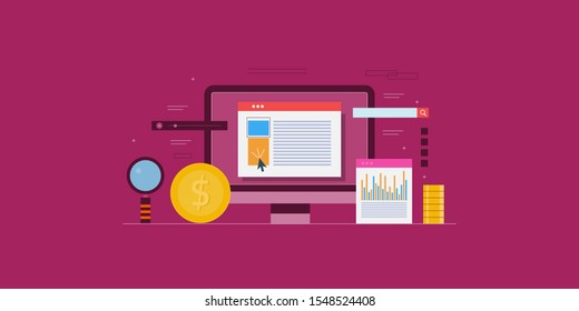 Concept of pay per click advertising, PPC search campaign, Digital paid marketing - flat design vector illustration with icons