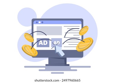 concept of Pay per click, PPC, paid advertising campaign displays ads on websites that generate revenue for publishers, Advertising or advertising, Promoting a brand to an audience, internet.