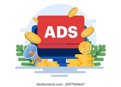 concept of Pay per click, PPC, paid advertising campaign displays ads on websites that generate revenue for publishers, Advertising or advertising, Promoting a brand to an audience, internet.