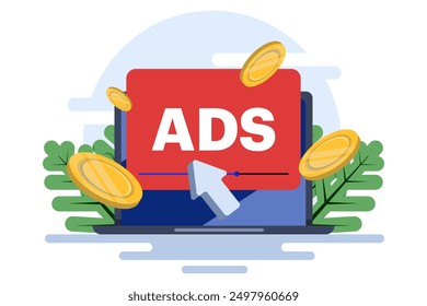 concept of Pay per click, PPC, paid advertising campaign displays ads on websites that generate revenue for publishers, Advertising or advertising, Promoting a brand to an audience, internet.