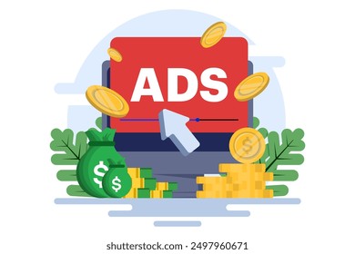 concept of Pay per click, PPC, paid advertising campaign displays ads on websites that generate revenue for publishers, Advertising or advertising, Promoting a brand to an audience, internet.