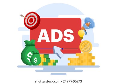 concept of Pay per click, PPC, paid advertising campaign displays ads on websites that generate revenue for publishers, Advertising or advertising, Promoting a brand to an audience, internet.