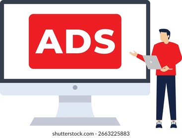 concept of Pay per click, PPC, paid advertising campaign displays ads on websites that generate revenue for publishers, Advertising or advertising, Promoting a brand to an audience, internet.

