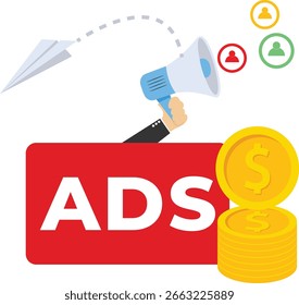 concepto de pago por Hacer clic, PPC, campaña de publicidad de pago muestra anuncios en Sitios web que generan ingresos para los editores, Publicidad o publicidad, Promoción de una marca a una audiencia, Internet.

