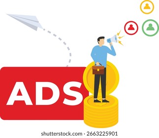 Konzept der Pay per Click, PPC, bezahlte Werbekampagne zeigt Anzeigen auf Websites, die Einnahmen für Verlage generieren, Werbung oder Werbung, Förderung einer Marke zu einem Publikum, Internet.

