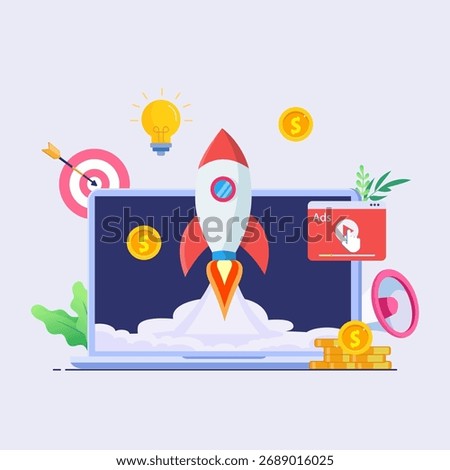 concept of Pay per click, PPC, paid advertising campaign displays ads on websites that generate revenue for publishers, Advertising or advertising, Promoting a brand to an audience, internet.