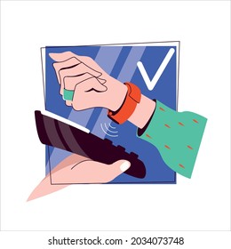 Concepto de pago con reloj inteligente. Mano con reloj en mano con terminal bancario. Ilustración brillante en estilo de caricatura