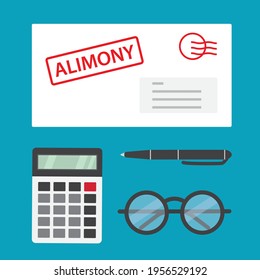 concept of paying alimony, envelope, calculator, pen, eyeglasses icon - vector illustration