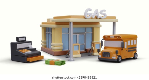 Concepto de pago en la gasolinera. Construcción vectorial 3D, bus, caja registradora, dinero. Disposición de la información, condiciones de pago, descuentos. Lugar para anunciar promoción, vender tarjetas de combustible, cupones