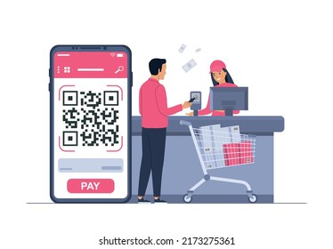 The concept of paying for goods in the store through a QR code. Vector illustration.