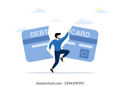 concept of paying off debt, Liberating or giving up bad habits or routines for freedom, breaking shackles or burdens of anxiety, escape and liberation, businessman destroying debt card.