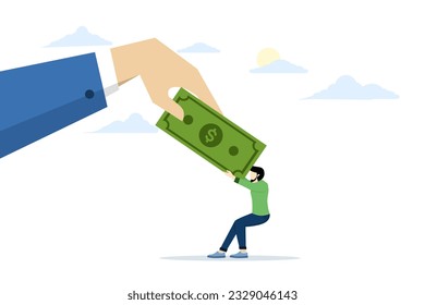 Concept of paying off debts or bills, fighting over money, government asking for tax payments, company revenue market share, financial problems, banknote tug-of-war with small businessmen.